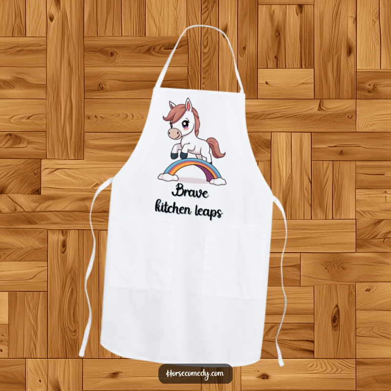Funny Horse Apron featuring a determined horse character jumping over a small rainbow bridge, perfect for kitchen inspiration.