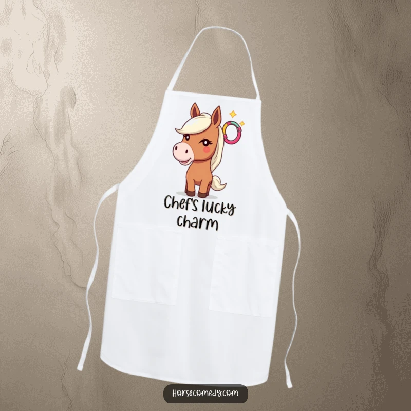 Funny apron illustrating a horse winking and tossing a colorful horseshoe, designed for kitchen use and chefs.
