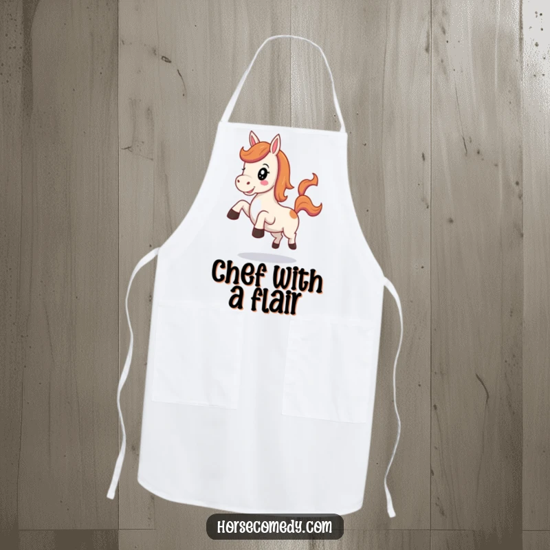 Funny Kawaii Horse Apron depicting a cute horse joyfully neighing and kicking its heels playfully.