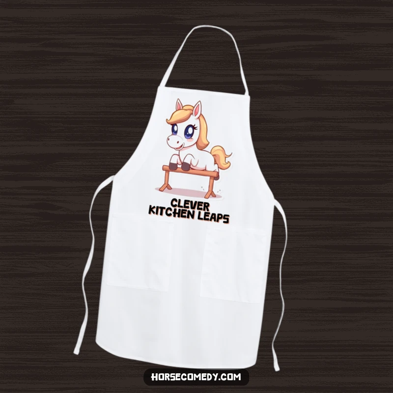 Funny Apron: A horse with big, sparkling eyes is shown in a lively, playful leap over a small obstacle.