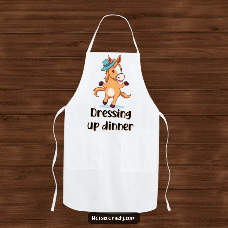 Funny horse character elegantly waltzing with a hat on its nose on a kitchen apron, adding sophisticated humor to cooking.