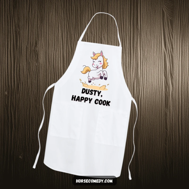 Funny apron showcasing a horse in a joyful leap, kicking up dust, perfect for adding humor to cooking activities.