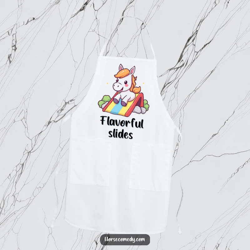 Funny Apron: A happy horse shouts with joy while sliding down a rainbow, perfect for cooking.