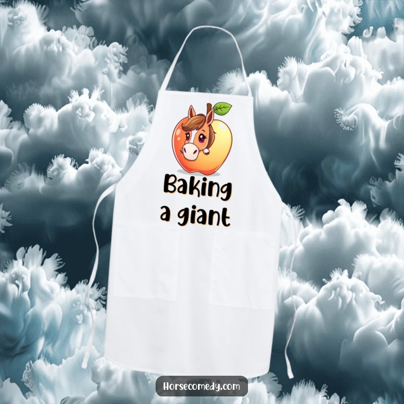 Funny horse character peeking from behind a giant, sparkling apple with a curious gaze on an apron, bringing whimsical charm to cooking.