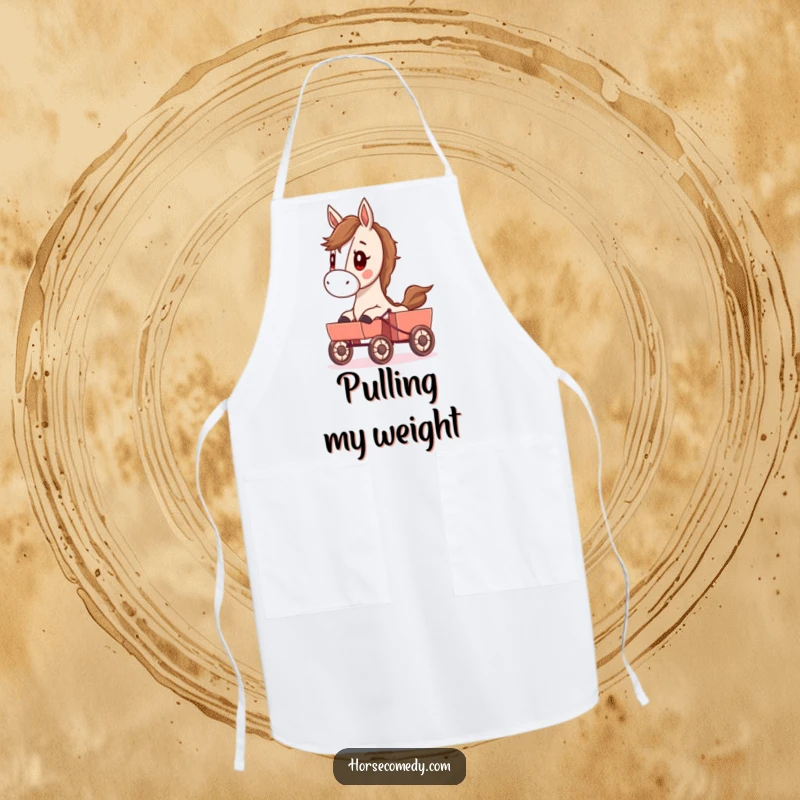 Funny apron showcasing a determined horse character pulling a small cart, perfect for kitchen adventures and humorous cooking.