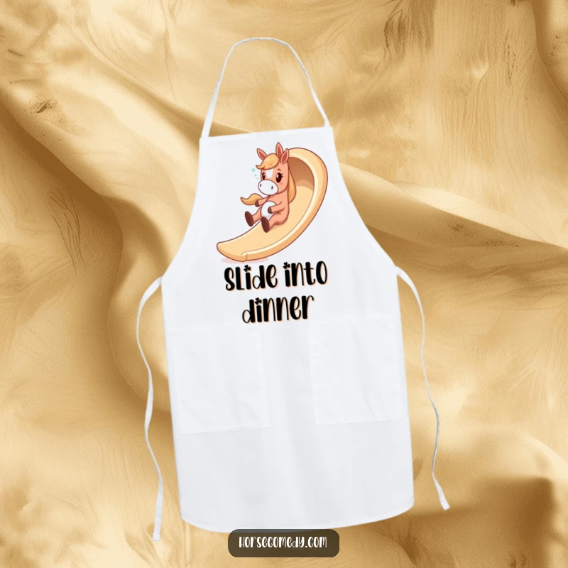 Funny horse apron showing a giddy horse character sliding down a whimsical, winding slide, perfect for kitchen playfulness.