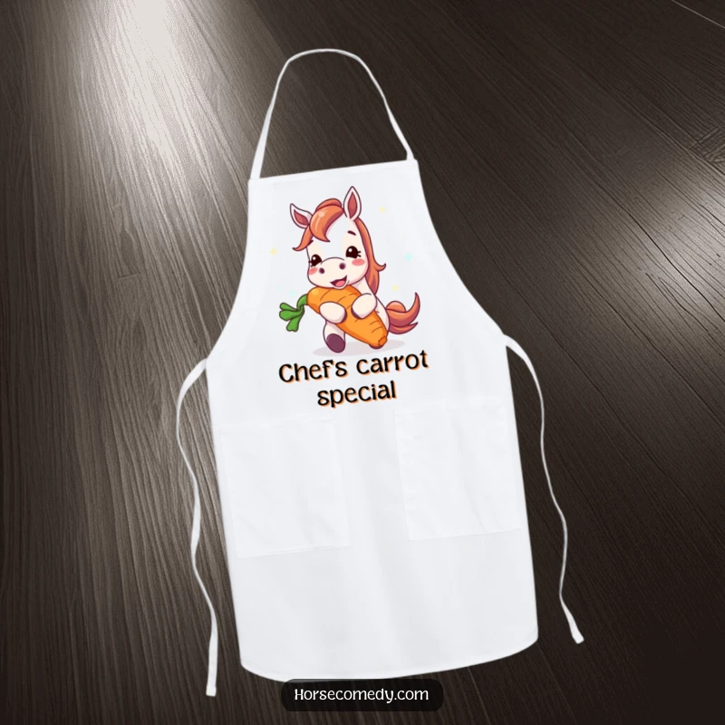 Funny horse apron showing a happy horse character enthusiastically munching a gigantic, juicy carrot, perfect for kitchen antics.