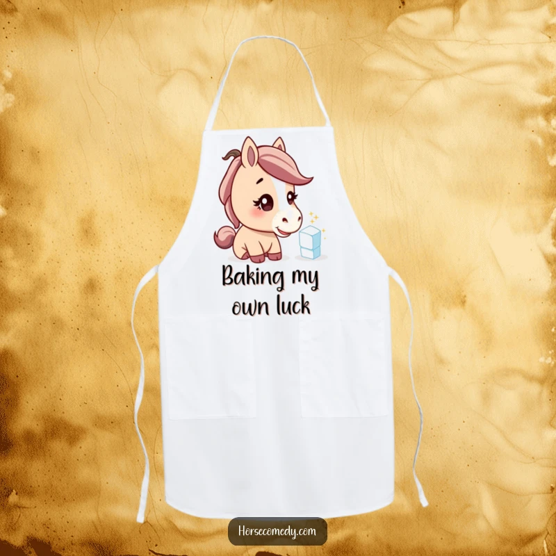 Funny horse apron, a curious horse character with a tilted head investigating a sparkling sugar cube, humorous kitchen wear.