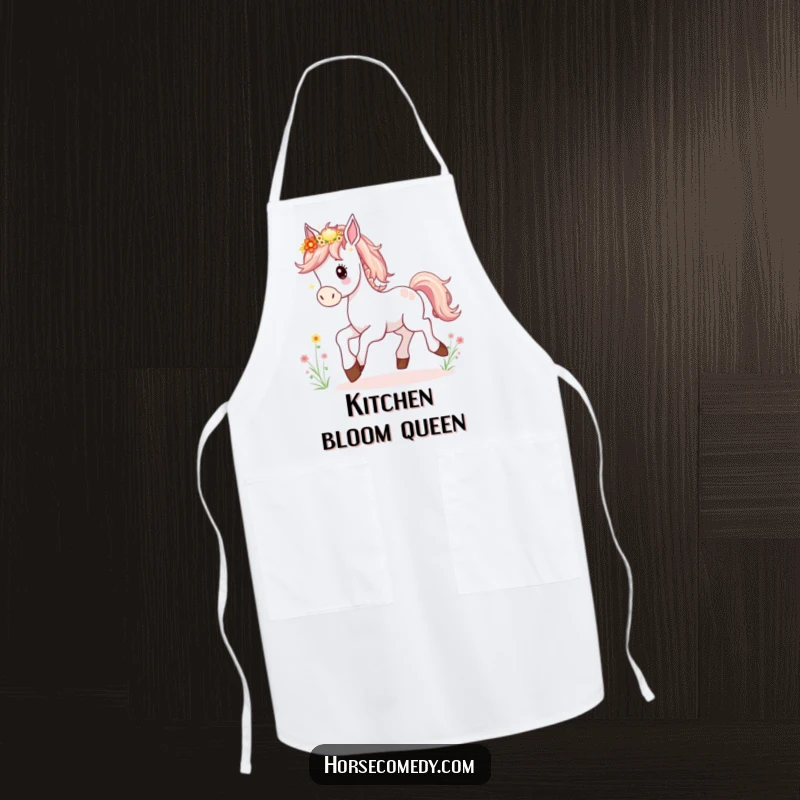Funny Horse Foal Apron showing a happy young horse prancing, its mane adorned with wildflowers, ready for kitchen fun.