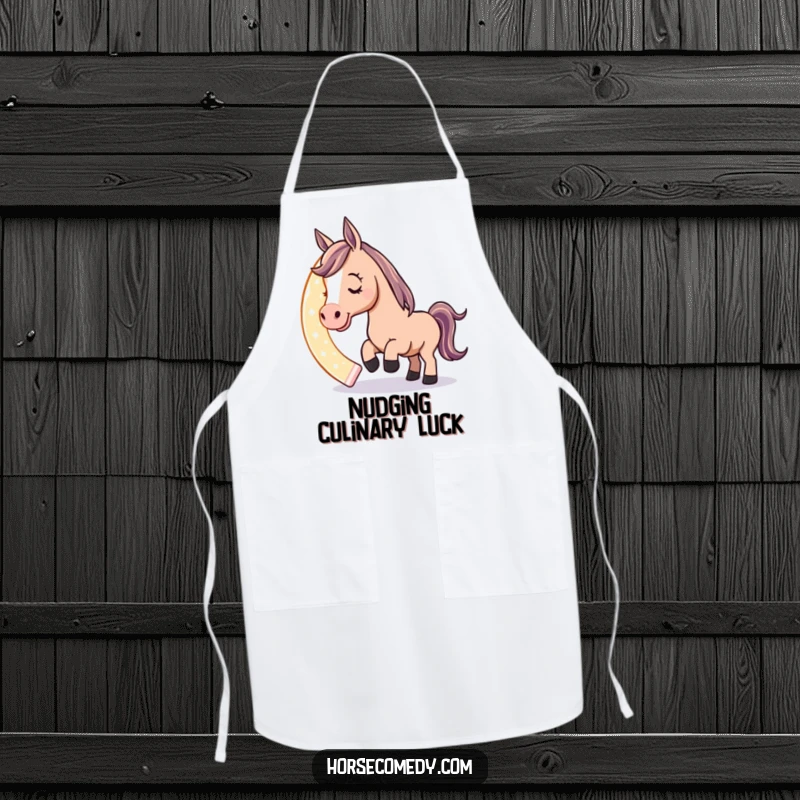 Funny apron featuring a playful horse character nudging a giant, glowing horseshoe with its nose, perfect for a humorous and lucky cooking experience.