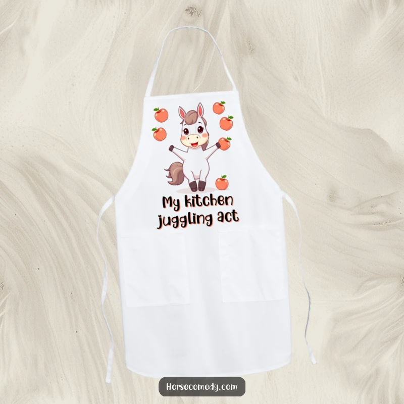 Funny horse character juggling shiny apples, printed on a kitchen apron, making cooking more fun and humorous.