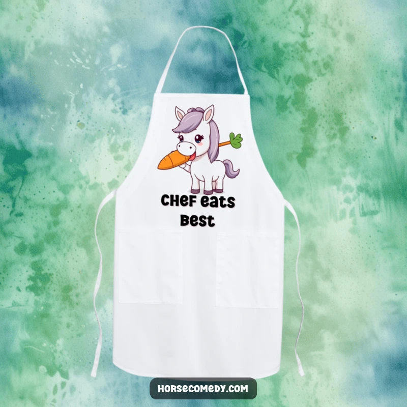 Funny horse character delightedly munching a giant, colorful carrot on a kitchen apron, adding humor to cooking.