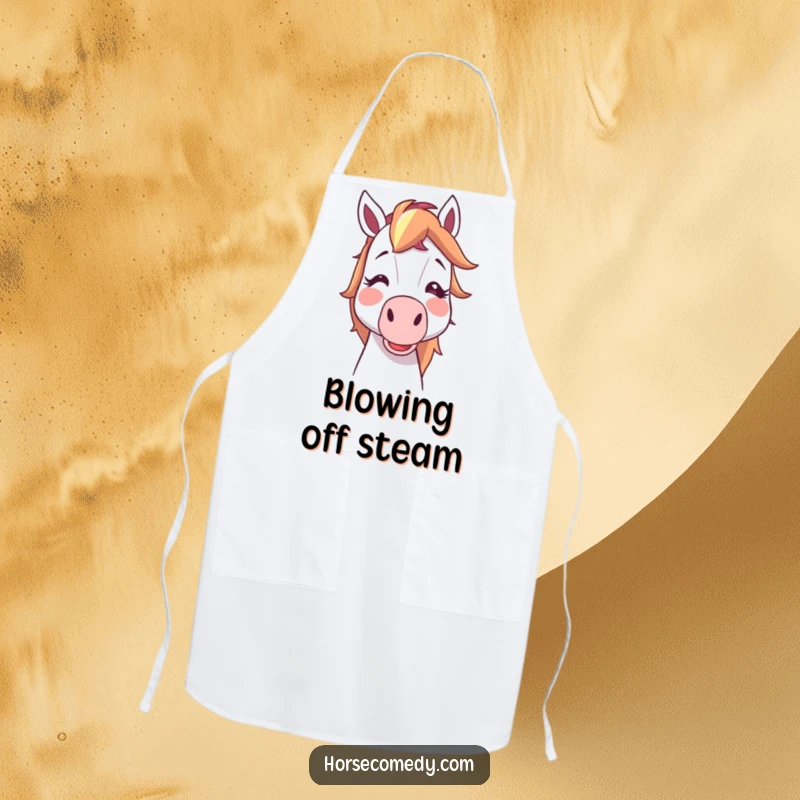 Funny horse character cartoon blush, blowing a party noisemaker while cooking, humorous apron, perfect funny gift.
