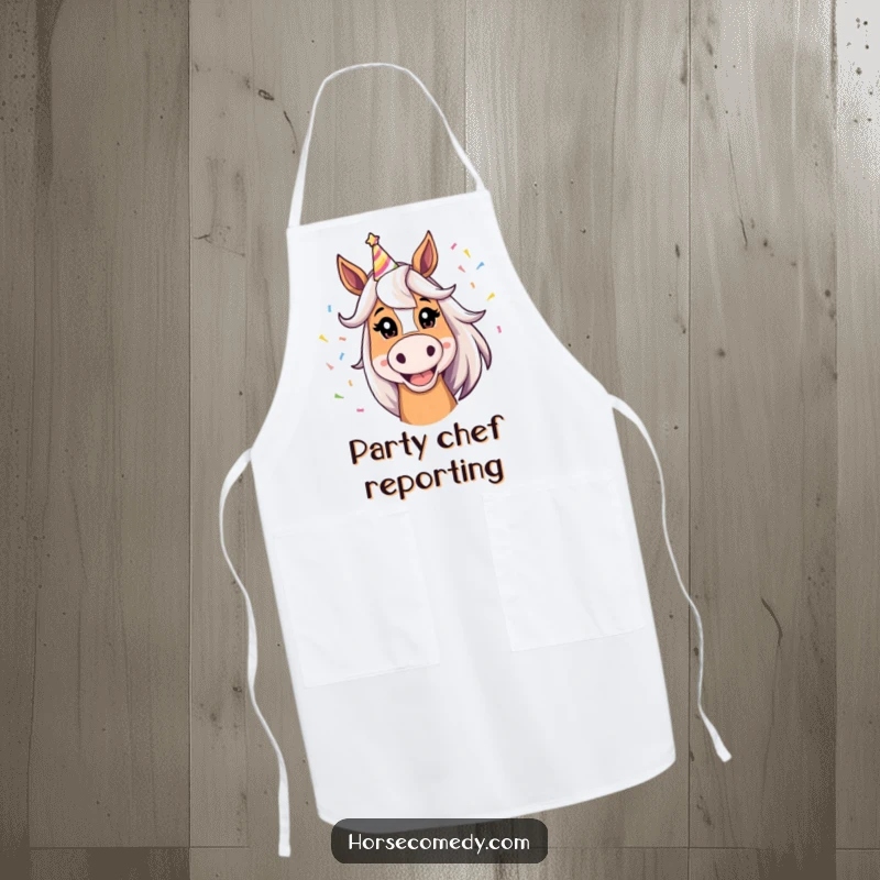 Funny Horse Apron featuring a silly grin horse in a party hat and confetti, perfect for a festive kitchen.