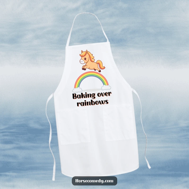 Funny horse apron, cute character jumping over a small rainbow arch, perfect for a joyful and colorful cooking experience.