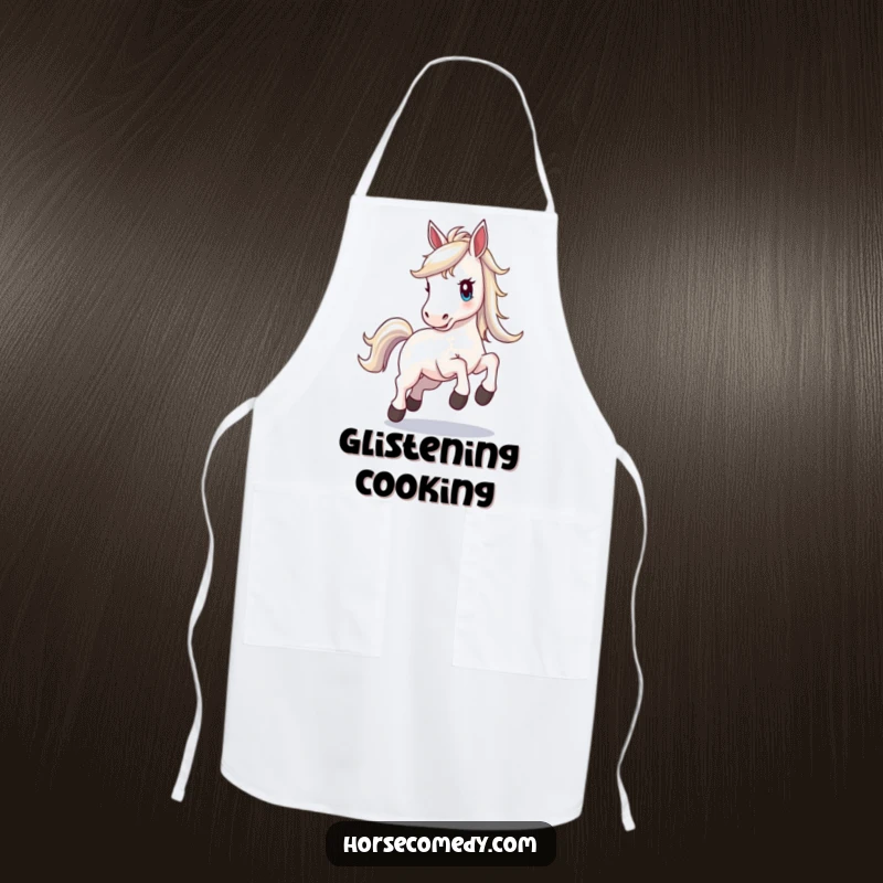 Funny horse apron, horse with a lustrous shimmering mane, prancing with palpable excitement, perfect for a vibrant and dynamic cooking experience.