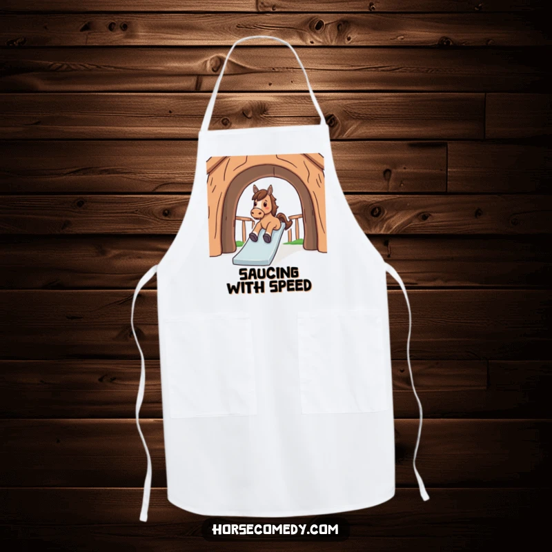 Funny apron with a horse joyfully sliding down a large, smooth, arched structure, capturing the thrill.