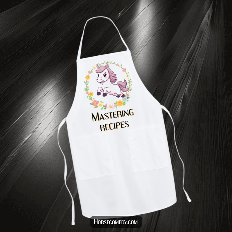 Funny leaping horse flower hoop apron, perfect for the home chef who enjoys adding a touch of enchantment and playful fantasy to their culinary creations.