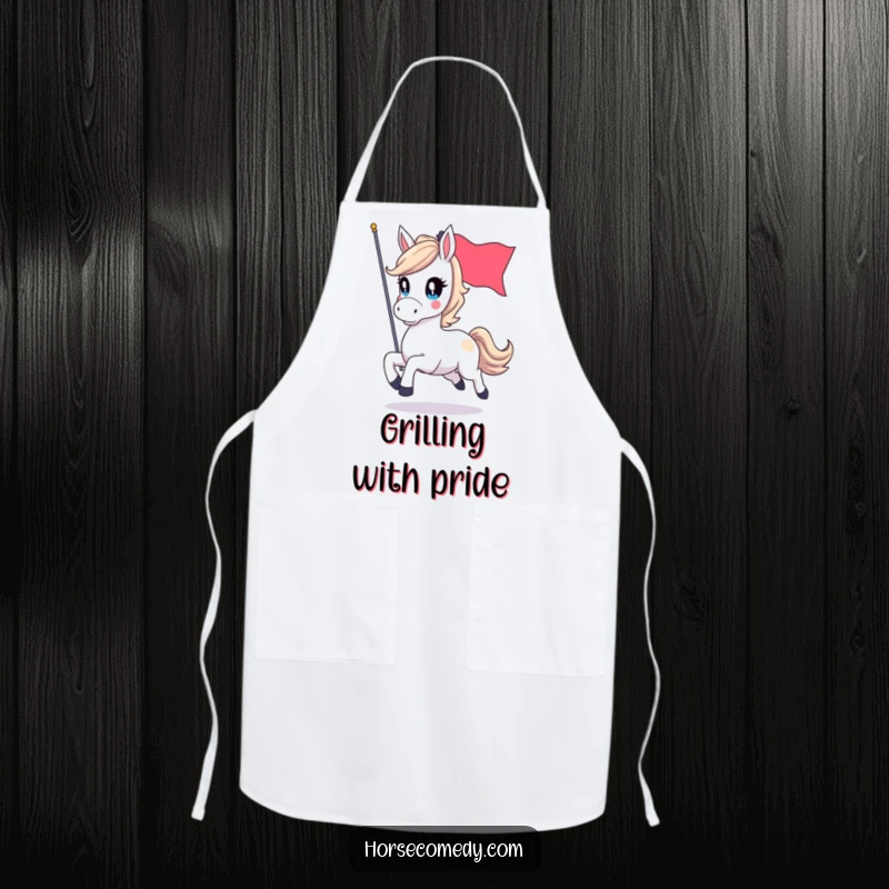 Funny apron design showing a horse with sparkling eyes, galloping with a flag, adding a touch of fun to kitchen tasks.