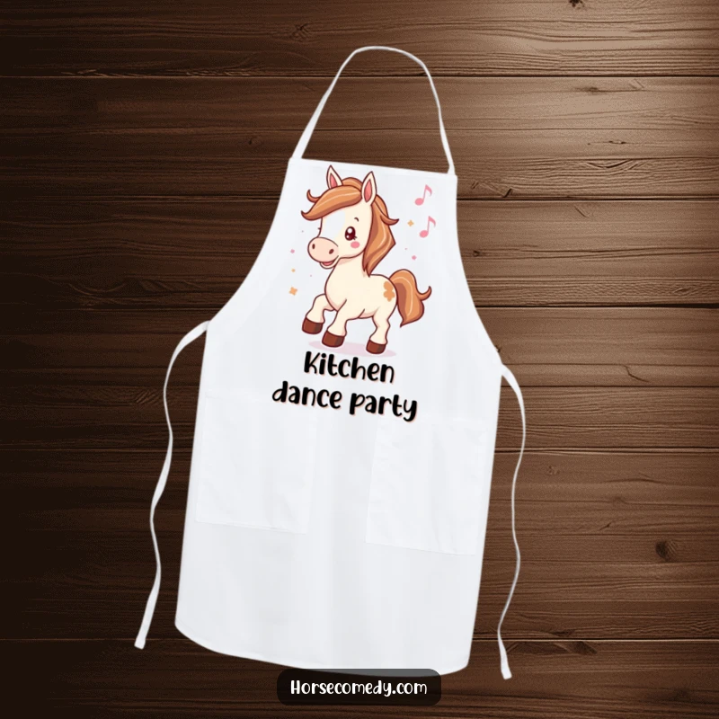 Funny apron illustrating a horse with hooves tapping rhythmically to music, designed for kitchen use.