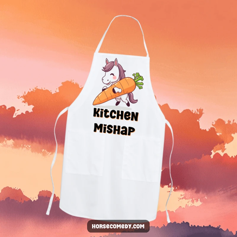 Funny horse character tripping while carrying a giant carrot, a hilarious apron for kitchen or garden fun.