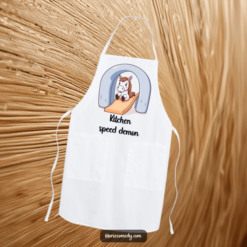 Funny horse character gleefully sliding down a large, arched slide on a kitchen apron, adding playful humor to cooking.