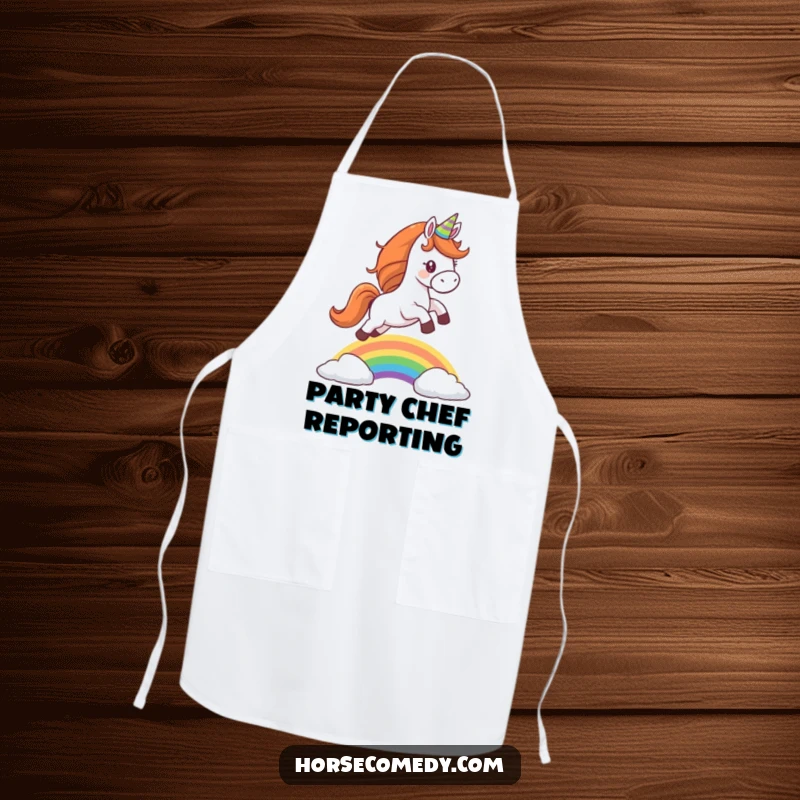 Funny apron showcasing a horse wearing a party hat, leaping over a rainbow, perfect for adding whimsical humor to cooking.