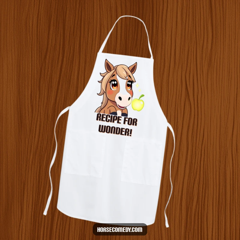 Funny apron with a horse character showing wide-eyed amazement at a brightly glowing magical apple, for kitchen use.