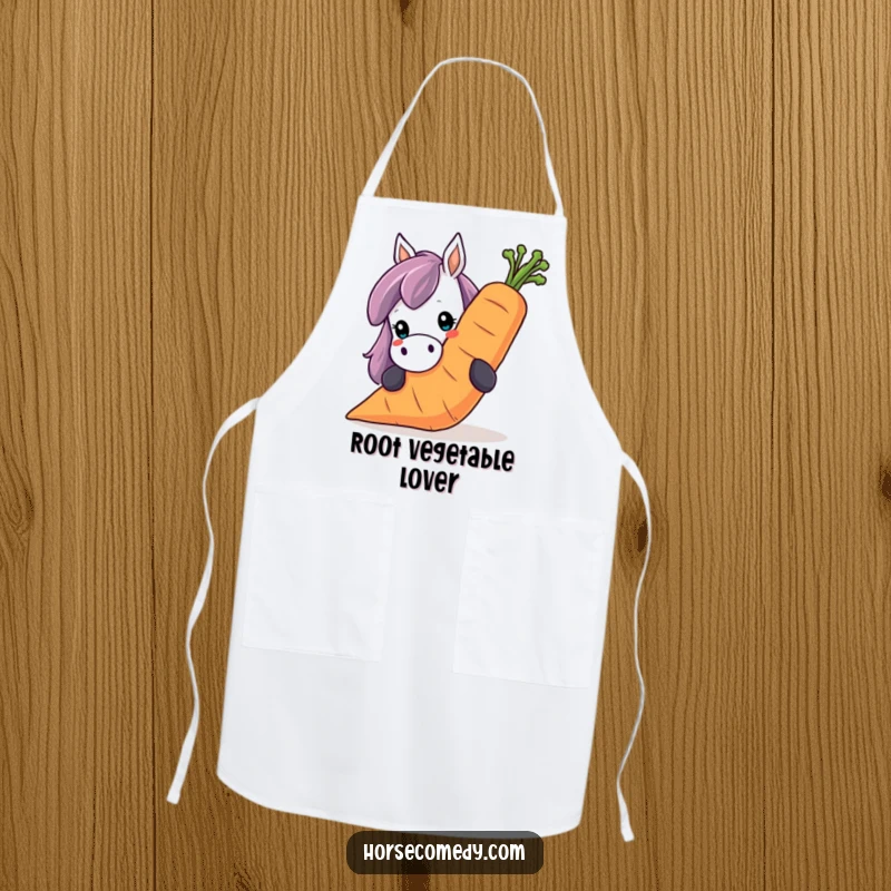 Funny horse apron, with a horse peeking over a huge, smiling carrot. Adds humor to the kitchen.