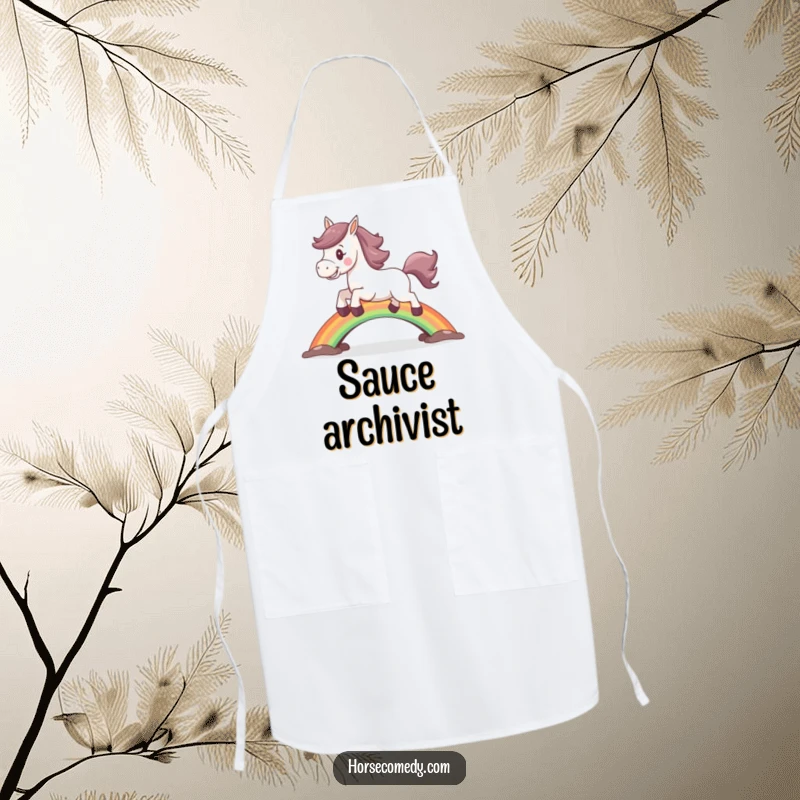 Funny horse apron showing a joyful horse leaping vibrantly over a colorful rainbow bridge.