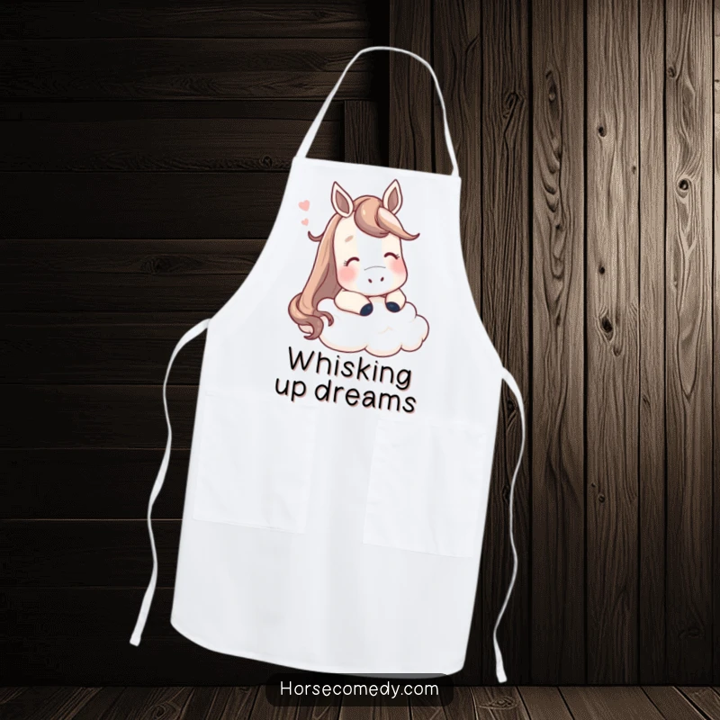 Funny horse apron, a contented horse resting its head on a fluffy cloud, humorous kitchen wear for chefs.