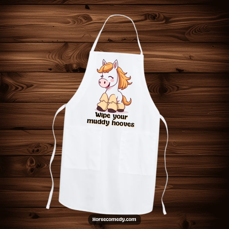Funny Apron featuring a horse character exuding joy and giggles, its oversized floppy boots adding a comical kitchen flair.