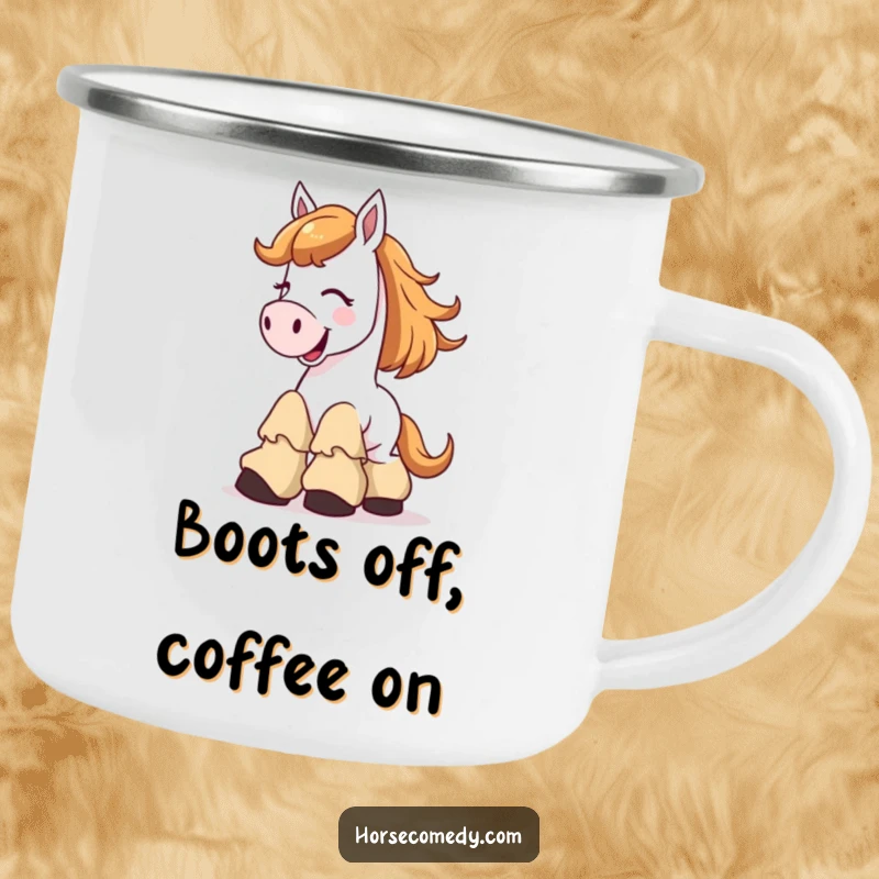 Funny Camping Mug with a whimsical horse character giggling uncontrollably, its floppy boots adding a touch of outdoor comedy.