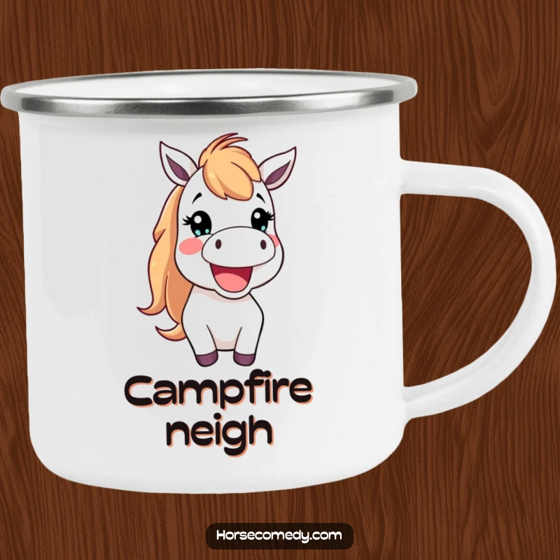 Funny Camping Mug featuring a happy horse creature neighing cheerfully, perfect for outdoor drinks and equine fun.