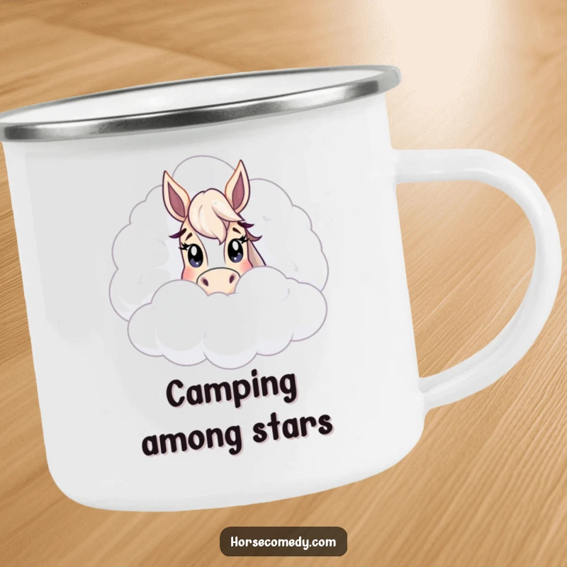 Funny peeking horse cloud camping mug, perfect for outdoor enthusiasts who love a touch of whimsy and gentle curiosity in their gear.