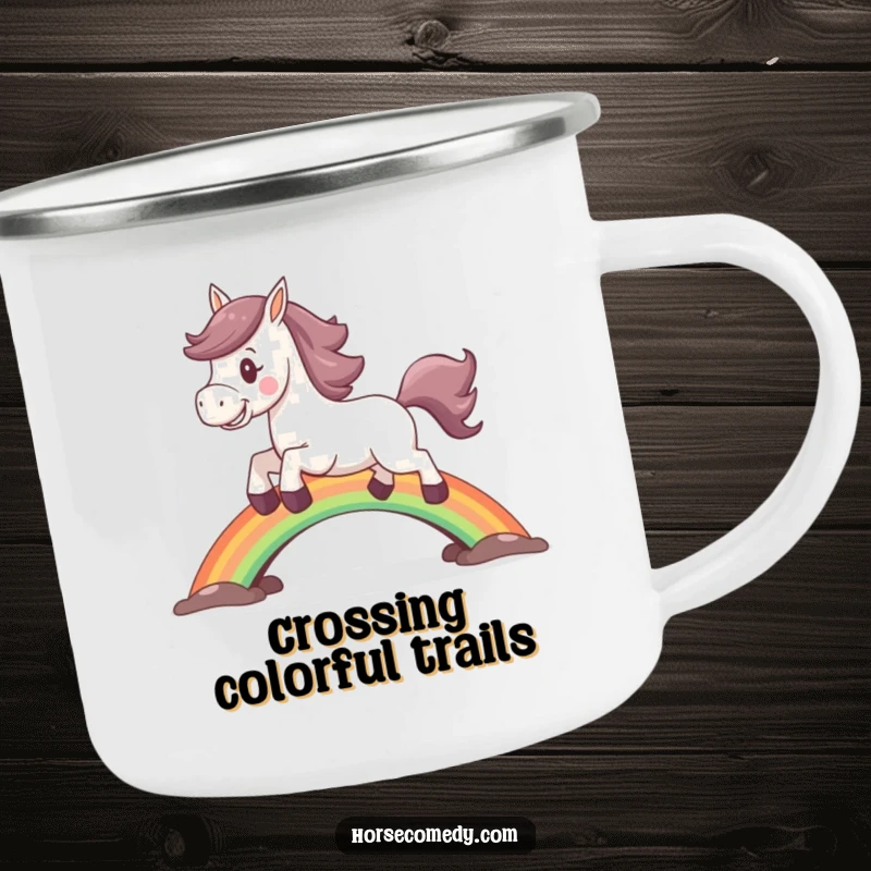 Funny horse camping mug with joyful expression, leaping over a vibrant rainbow bridge.
