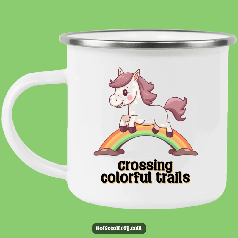 Funny Horse Rainbow Camping Mug: Adventure Over the Bridge, Great Gift