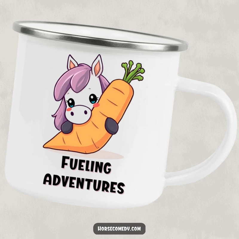 Funny horse camping mug, with a horse peeking over a huge, smiling carrot. Perfect for outdoor fun.