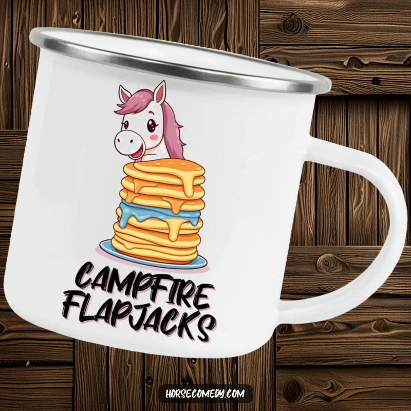 Funny horse camping mug depicting a delighted horse character balancing a colorful stack of wobbling pancakes, ideal for outdoor brunch.