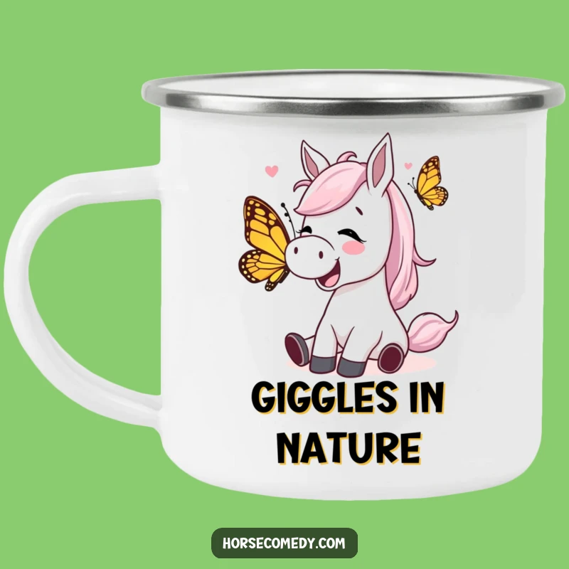 Funny Giggling Horse Butterfly Camping Mug: Adventures with Comical Cheer