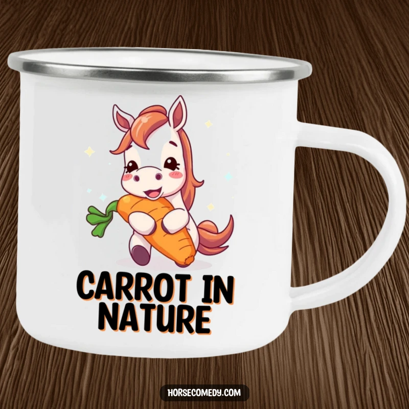 Funny horse camping mug depicting a happy horse character enthusiastically munching a gigantic, radiant carrot, perfect for outdoor jest.