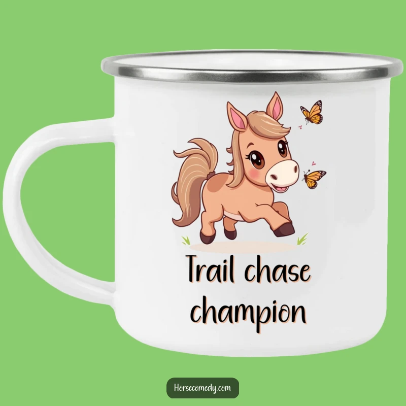 Funny Horse Butterfly Chase Camping Mug: Outdoor Joy, Hilarious Adventure Gift