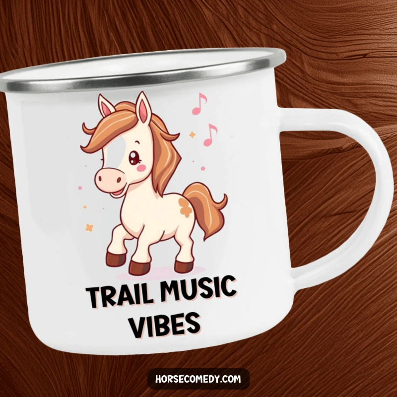 Funny camping mug graphic of a horse neighing happily, hooves tapping rhythmically to music, for outdoor enthusiasts.