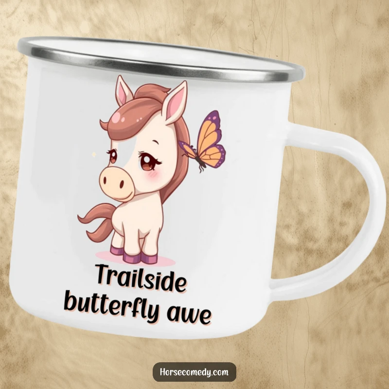 Funny Camping Mug featuring a horse with a curious head tilt, watching a butterfly, ideal for outdoor beverages.