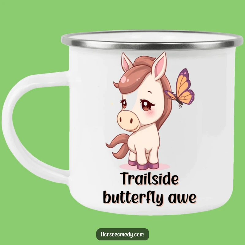 Funny Horse Camping Mug: Durable mug with curious horse watching butterfly, perfect for adventures and a hilariously charming gift.