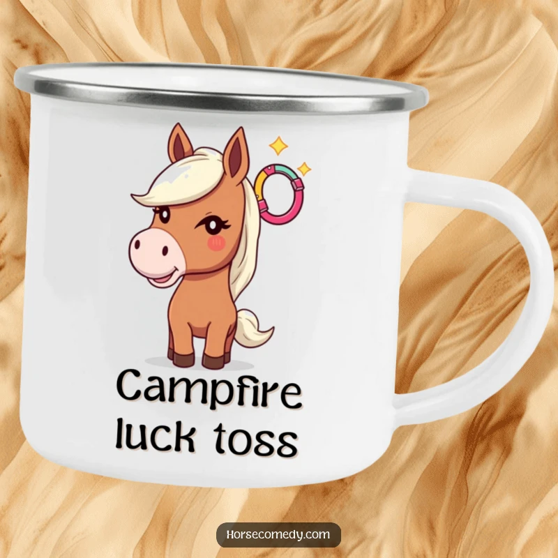 Funny camping mug graphic of a horse winking while tossing a colorful horseshoe, designed for outdoor use.
