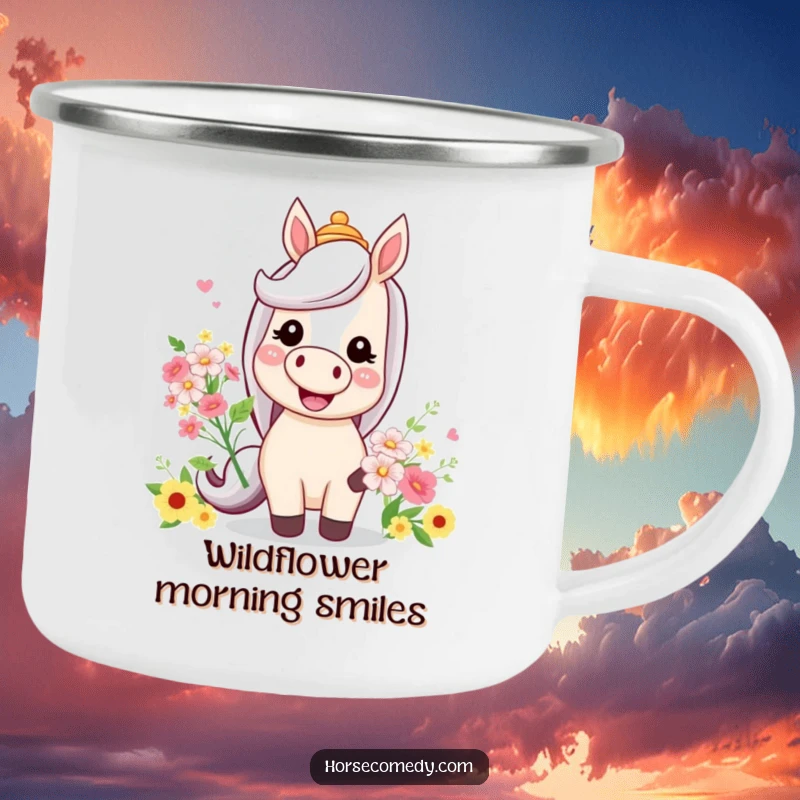 Funny camping mug graphic of a horse smiling, wearing a silly hat and holding flowers, for outdoor use.