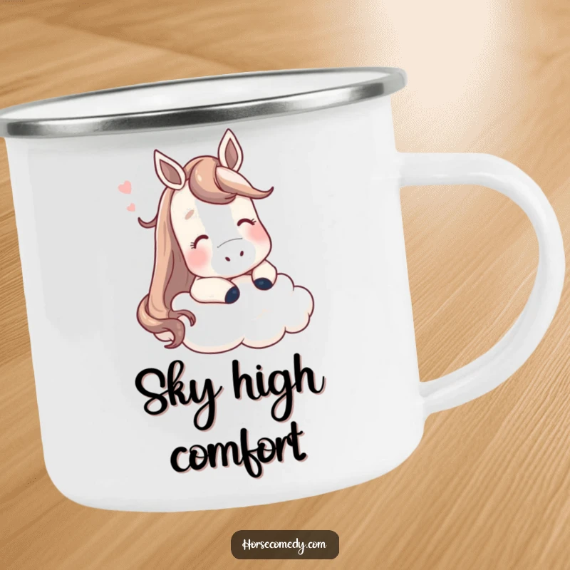 Funny horse camping mug, a contented horse resting its head on a fluffy cloud, perfect for outdoor relaxation.