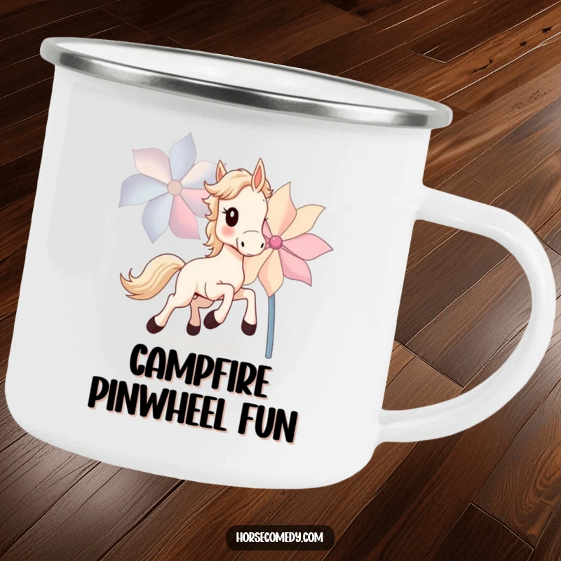 Funny Horse Cub Camping Mug showing a small horse cub joyfully chasing a large, spinning pinwheel, ready for outdoor fun.
