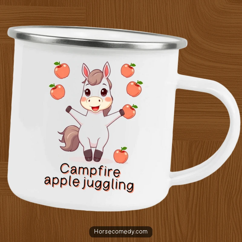 Funny horse juggling apples on a sturdy camping mug, perfect for outdoor enthusiasts who love humor.